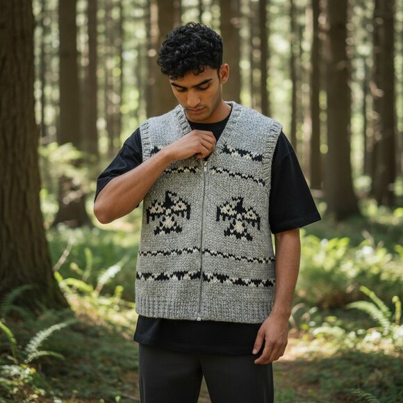 Handmade Cowichan Wool Vest with Eagles - Vintage - Men’s XL - Picture 1 of 12
